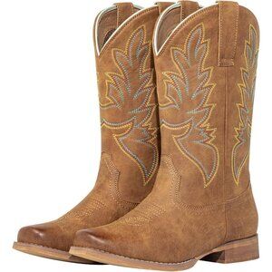 J's.o.l.e Women Tan Cowboy Boot Square Toe Mid Calf Pull On Fashion Embroidered
